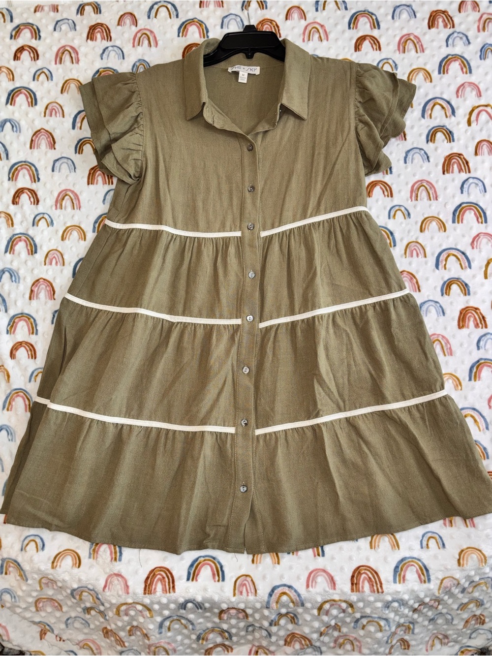She + Sky Olive Green Tiered Button-Front Dress with White Trim
